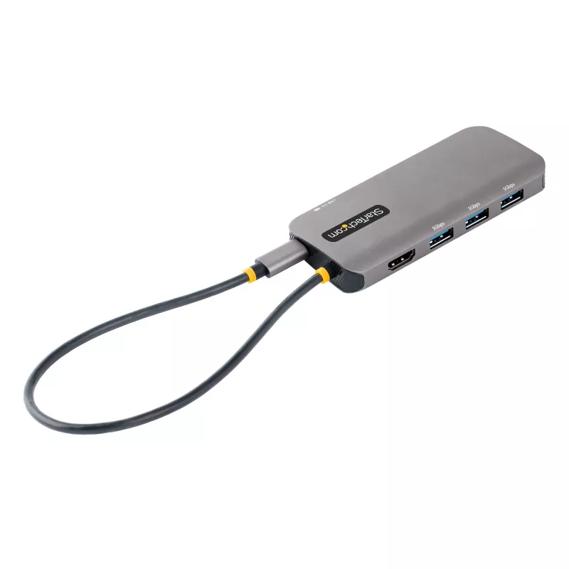 StarTech.com USB-C kelių prievadų adapteris, 4K 60Hz HDMI vaizdas, 3 prievadų 5Gbps USB centras, 100W maitinimo perdavimas, GbE, 30 cm laidas, mini kelioninis dokas