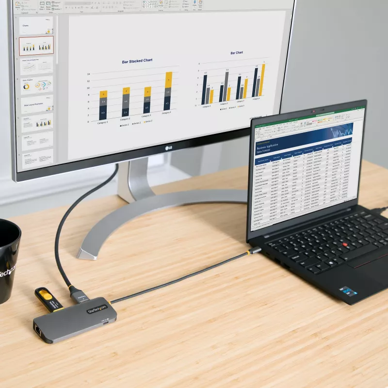 StarTech.com USB-C kelių prievadų adapteris, 4K 60Hz HDMI vaizdas, 3 prievadų 5Gbps USB centras, 100W maitinimo perdavimas, GbE, 30 cm laidas, mini kelioninis dokas