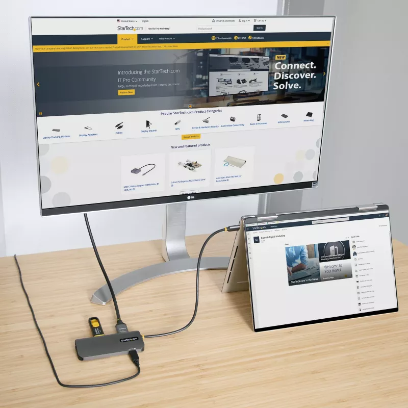 StarTech.com USB-C kelių prievadų adapteris, 4K 60Hz HDMI vaizdas, 3 prievadų 5Gbps USB centras, 100W maitinimo perdavimas, GbE, 30 cm laidas, mini kelioninis dokas