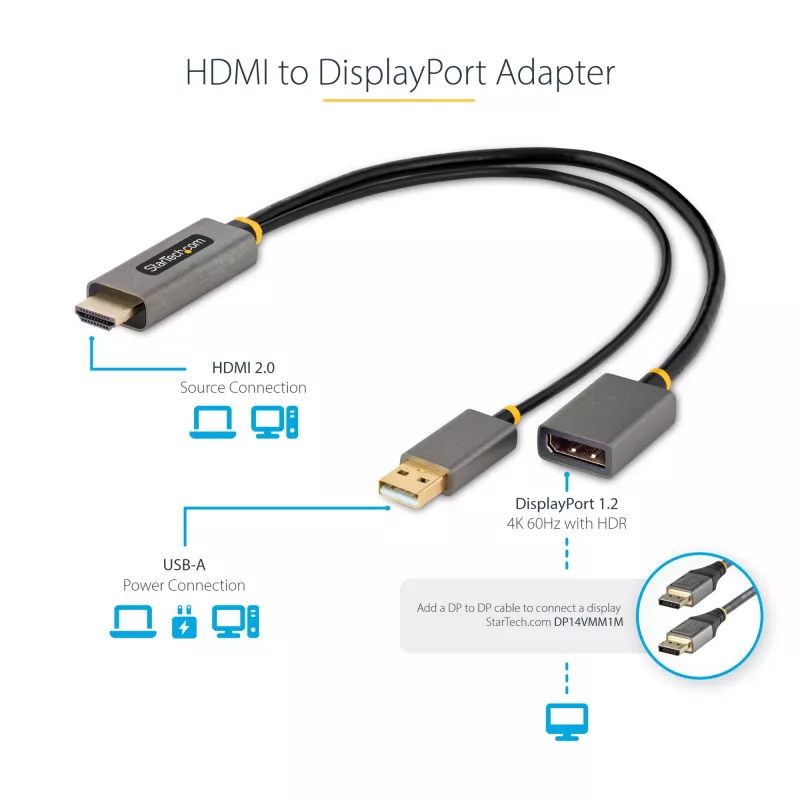 StarTech.com 1ft (30cm) HDMI į DisplayPort adapterio kabelis, aktyvus 4K 60Hz HDMI 2.0 į DP 1.2 keitiklis, HDR, USB maitinimas, HDMI šaltinis į DisplayPort monitorių nešiojamiesiems/stacionariems kompiuteriams