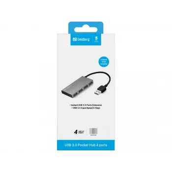 Sandberg USB 3.0 Pocket Hub 4 prievadai, USB 3.2 Gen 1 Type-A, 5000 Mbit/s, baltas, aliuminis
