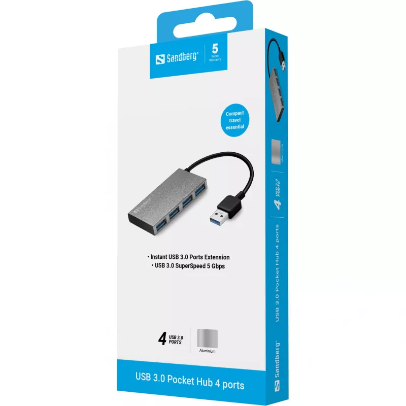 Sandberg USB 3.0 Pocket Hub 4 prievadai, USB 3.2 Gen 1 Type-A, 5000 Mbit/s, baltas, aliuminis