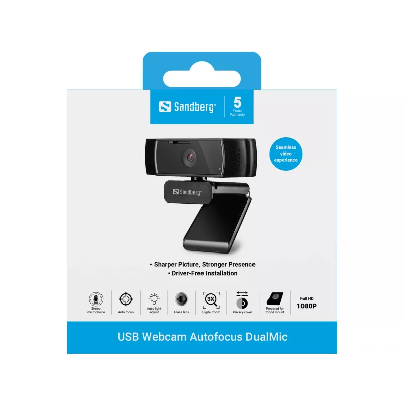 Sandberg USB Webcam Autofocus DualMic, Full HD 1080p, automatinis fokusavimas, stereo mikrofonas