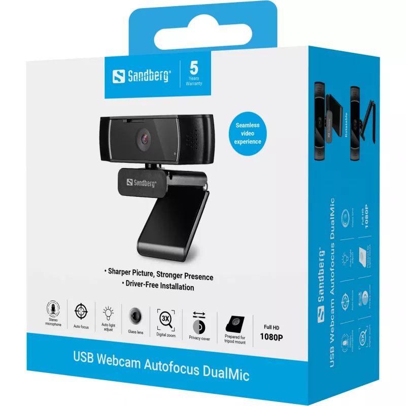 Sandberg USB Webcam Autofocus DualMic, Full HD 1080p, automatinis fokusavimas, stereo mikrofonas