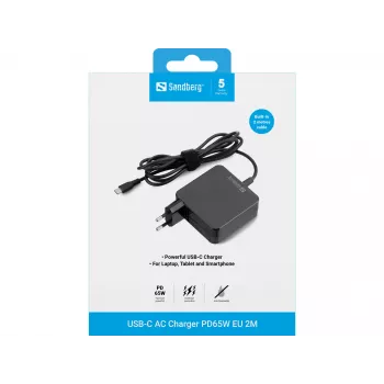 Sandberg USB-C AC įkroviklis PD65W EU 2M, vidaus, AC, 20 V, 1 m, juodas