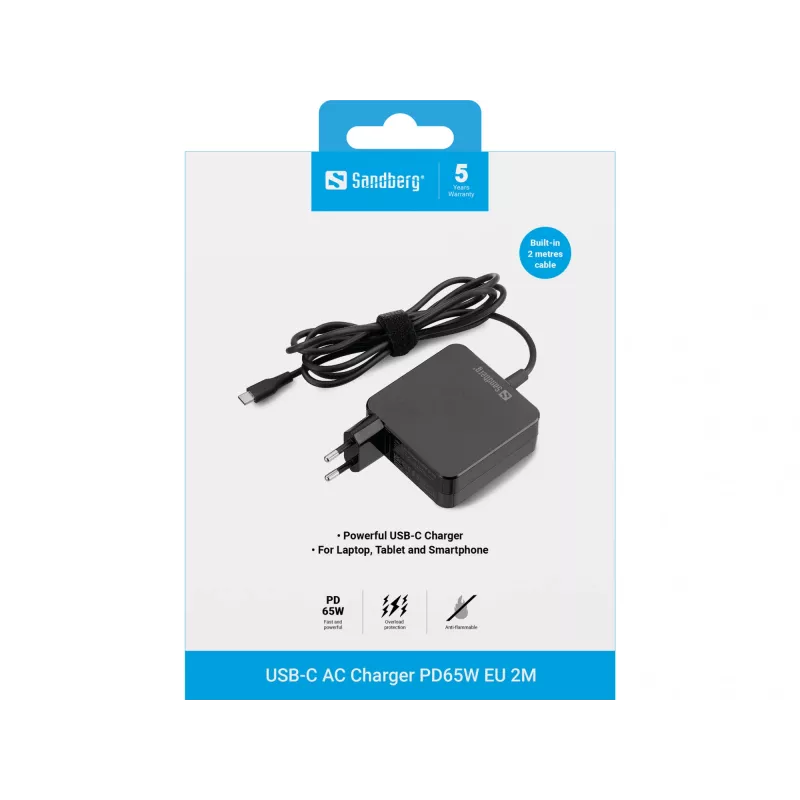 Sandberg USB-C AC įkroviklis PD65W EU 2M, vidaus, AC, 20 V, 1 m, juodas