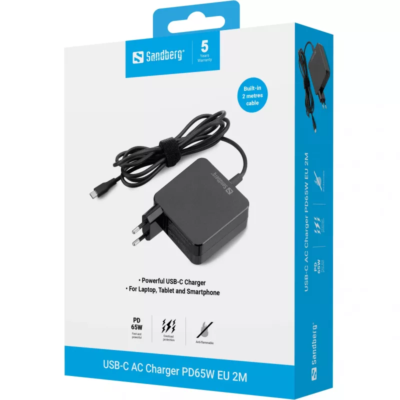Sandberg USB-C AC įkroviklis PD65W EU 2M, vidaus, AC, 20 V, 1 m, juodas