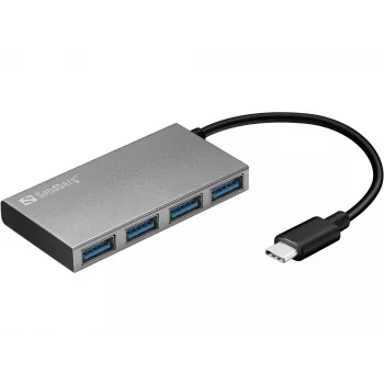 Sandberg USB-C į 4xUSB 3.0 kišeninis centras, USB 3.2 Gen 1 (3.1 Gen 1) Type-C, USB 3.2 Gen 1 (3.1 Gen 1) Type-A, baltas, aliuminis