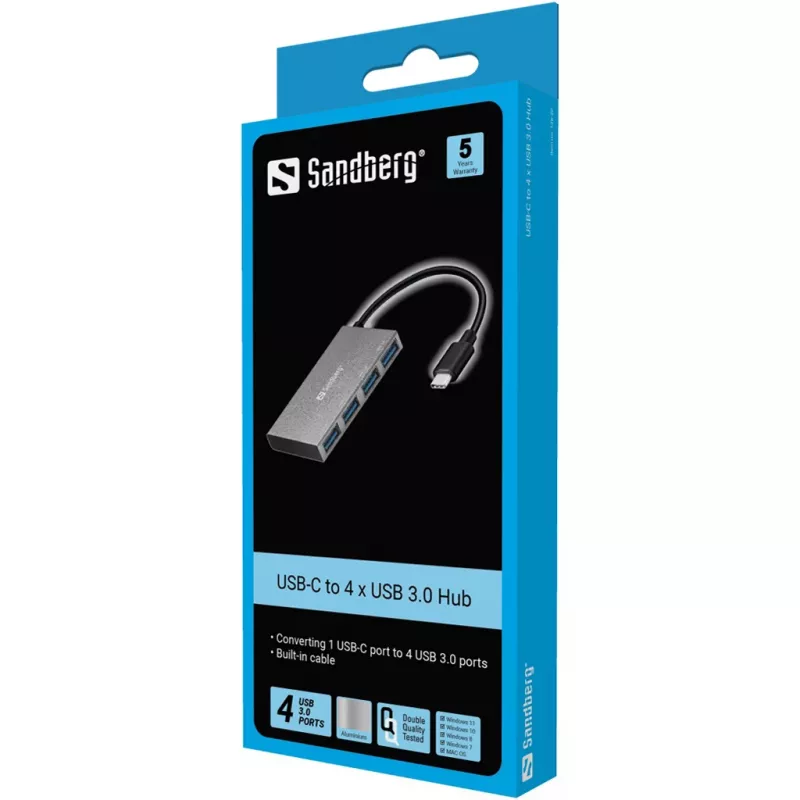 Sandberg USB-C į 4xUSB 3.0 kišeninis centras, USB 3.2 Gen 1 (3.1 Gen 1) Type-C, USB 3.2 Gen 1 (3.1 Gen 1) Type-A, baltas, aliuminis