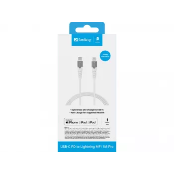 Sandberg USB-C PD į Lightning MFI 1M PRO laidas, 1 m, Lightning, USB C, vyriškas, vyriškas, baltas