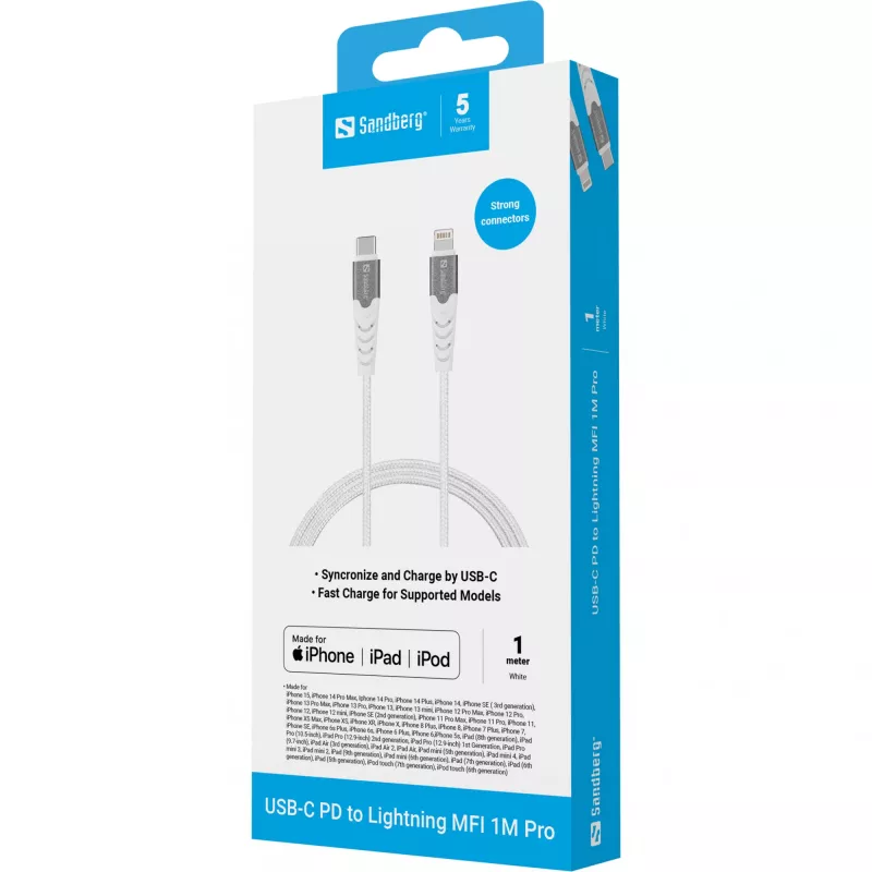 Sandberg USB-C PD į Lightning MFI 1M PRO laidas, 1 m, Lightning, USB C, vyriškas, vyriškas, baltas