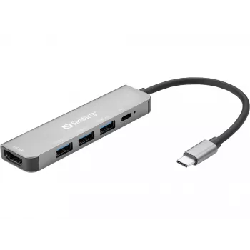 Sandberg USB-C Dock HDMI+3xUSB+PD 100W, pilkos spalvos, aliuminis
