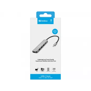 Sandberg USB-C Dock HDMI+3xUSB+PD 100W, pilkos spalvos, aliuminis