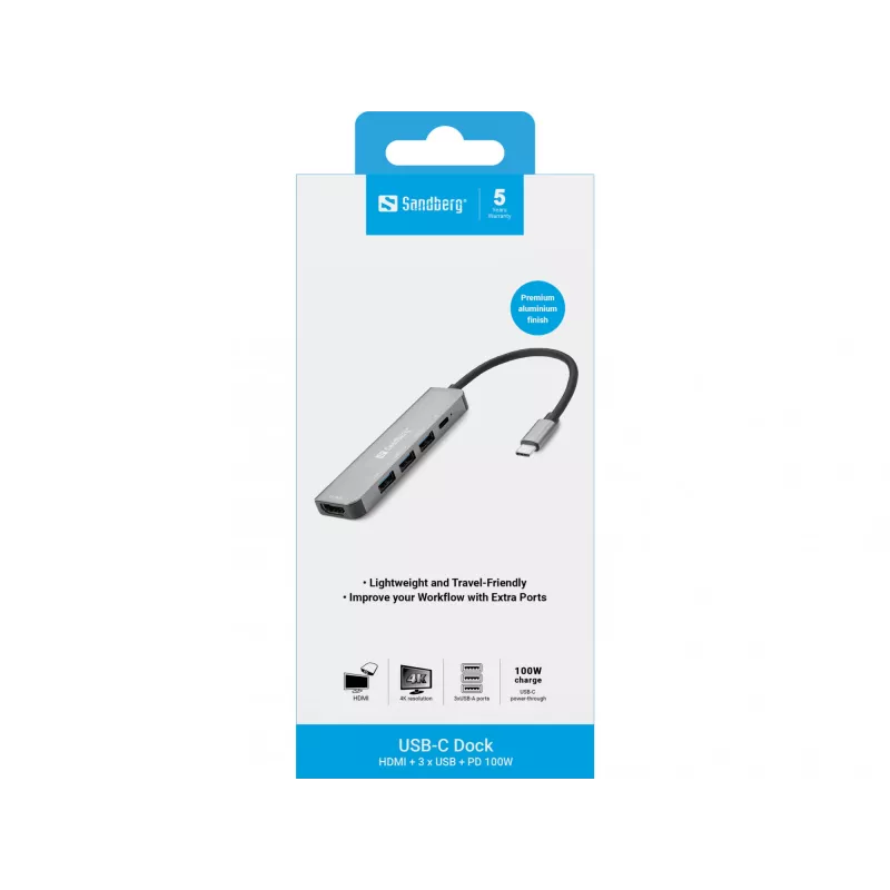 Sandberg USB-C Dock HDMI+3xUSB+PD 100W, pilkos spalvos, aliuminis