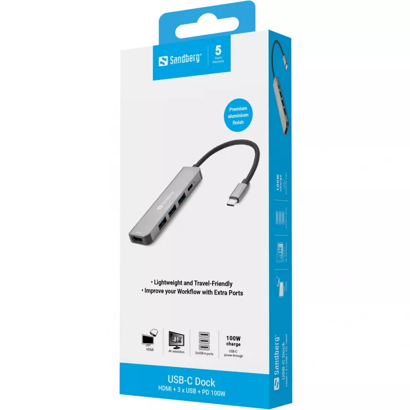 Sandberg USB-C Dock HDMI+3xUSB+PD 100W, pilkos spalvos, aliuminis