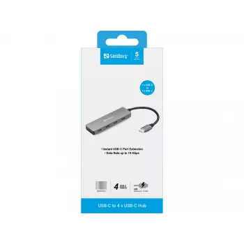 Sandberg USB-C į 4x USB-C centras, USB 3.2 Gen 1, 10 Gbit/s, pilka, aliuminis, 0,15 m