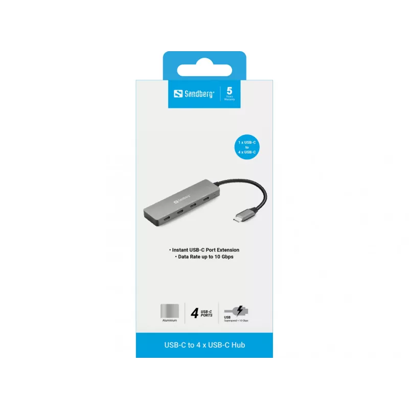 Sandberg USB-C į 4x USB-C centras, USB 3.2 Gen 1, 10 Gbit/s, pilka, aliuminis, 0,15 m