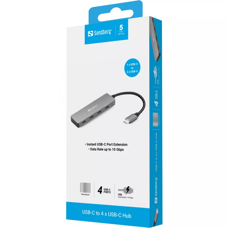 Sandberg USB-C į 4x USB-C centras, USB 3.2 Gen 1, 10 Gbit/s, pilka, aliuminis, 0,15 m