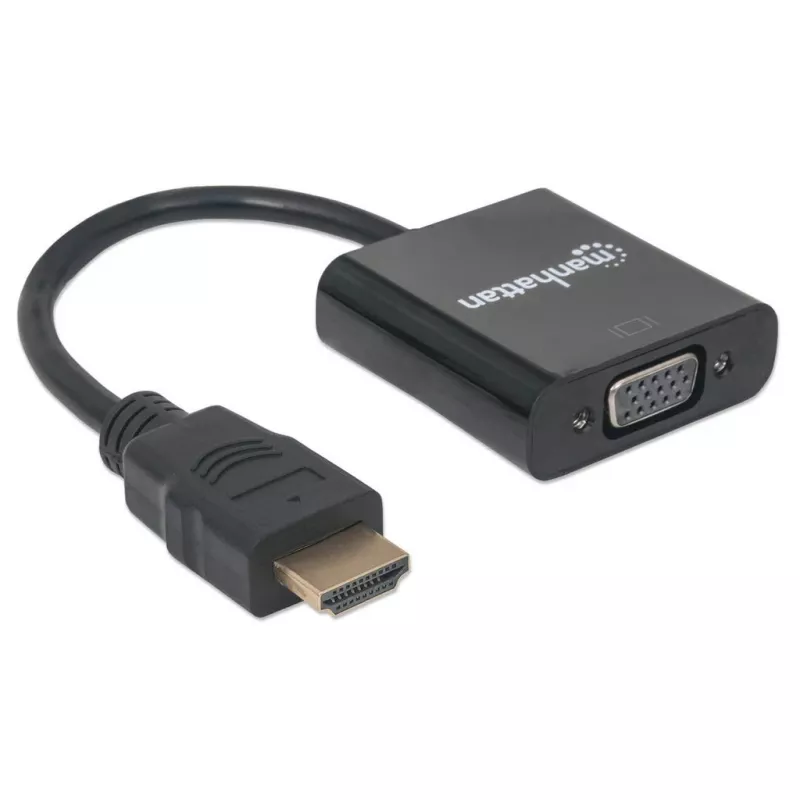 Manhattan HDMI į VGA keitiklio laidas, 1080p, 30 cm, vyriškas į moterišką, Micro-USB maitinimo įvestis, juodas, trejų metų garantija