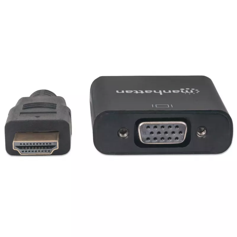 Manhattan HDMI į VGA keitiklio laidas, 1080p, 30 cm, vyriškas į moterišką, Micro-USB maitinimo įvestis, juodas, trejų metų garantija