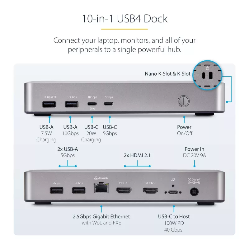 StarTech.com USB4 dokų stotelė dviem monitoriams, dviguba 4K 120Hz arba viena 8K 60Hz HDMI, 100W nešiojamojo kompiuterio įkrovimas, 2,5GbE, USB-C kelių monitorių dokas, be tvarkyklių