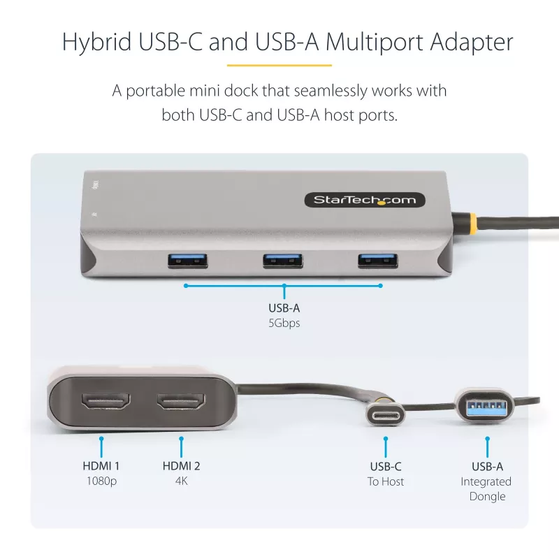 StarTech.com USB-C kelių prievadų adapteris su USB-C į USB-A mova, dvigubas HDMI (4K30Hz/1080p60Hz), 3x USB-A 5Gbps, mini kelioninis dokas, nešiojamojo kompiuterio dokavimo stotelė, 40 cm kabelis