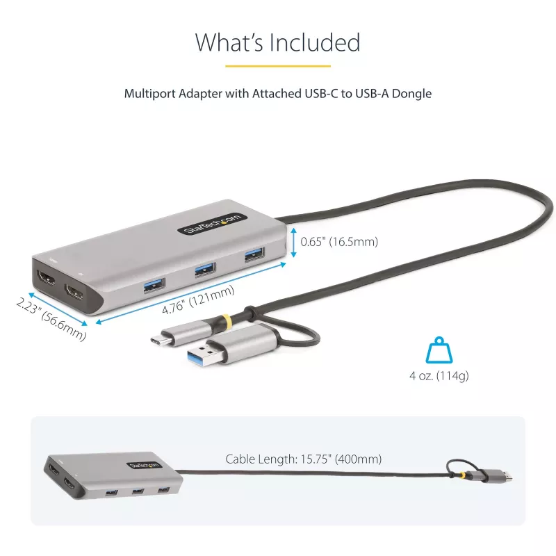 StarTech.com USB-C kelių prievadų adapteris su USB-C į USB-A mova, dvigubas HDMI (4K30Hz/1080p60Hz), 3x USB-A 5Gbps, mini kelioninis dokas, nešiojamojo kompiuterio dokavimo stotelė, 40 cm kabelis