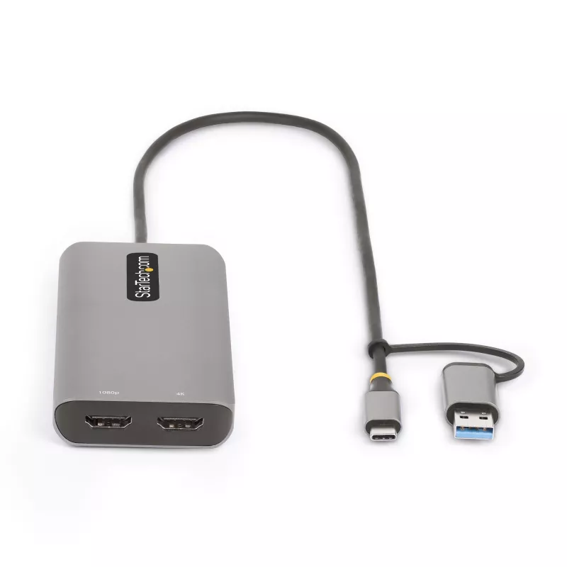 StarTech.com USB-C kelių prievadų adapteris su USB-C į USB-A mova, dvigubas HDMI (4K30Hz/1080p60Hz), 3x USB-A 5Gbps, mini kelioninis dokas, nešiojamojo kompiuterio dokavimo stotelė, 40 cm kabelis