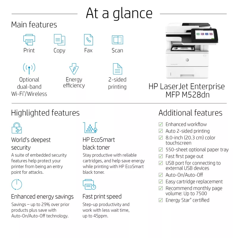 HP LaserJet Enterprise MFP M528dn, lazerinis, nespalvotas spausdinimas, 1200 x 1200 DPI, A4, tiesioginis spausdinimas, juoda, balta