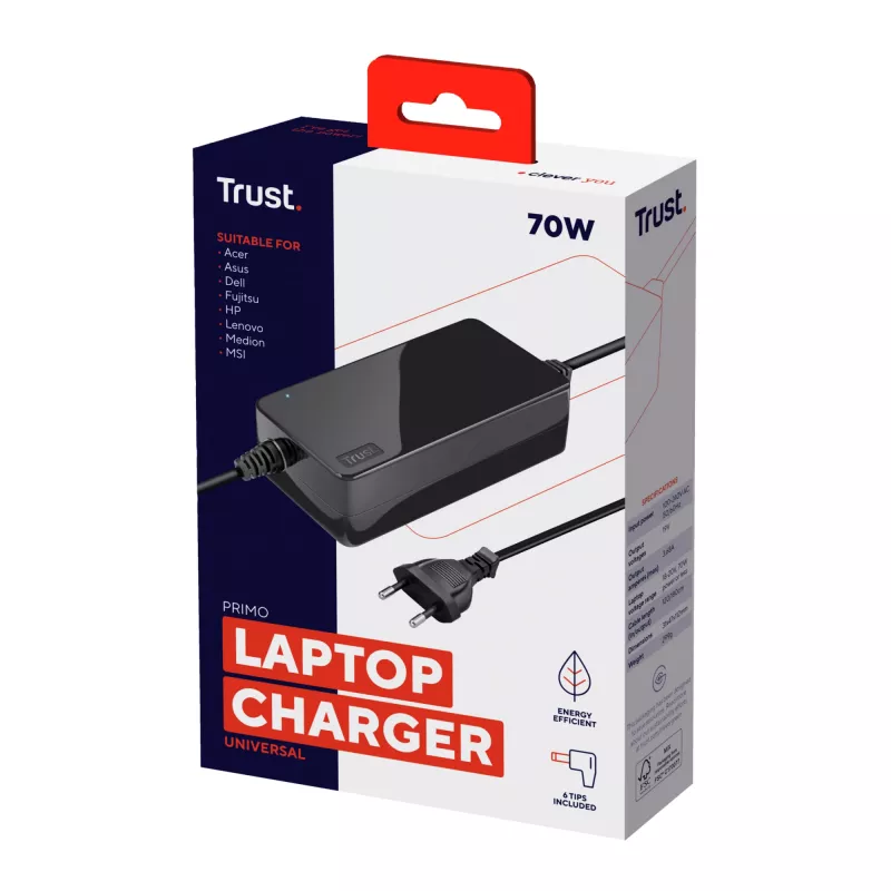 Trust Primo universalus nešiojamojo kompiuterio maitinimo adapteris 70 W, juodas