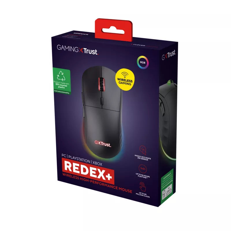 Trust GXT 927 Redex+ žaidimų pelė, dešinei rankai, belaidė RF + USB Type-A, lazerinė, 25600 DPI