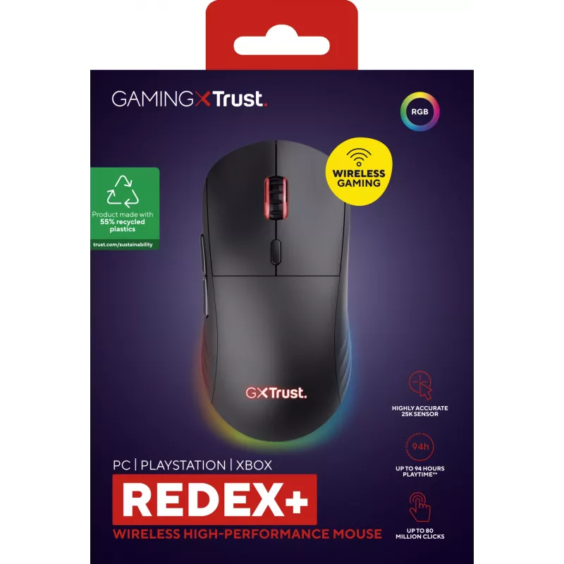 Trust GXT 927 Redex+ žaidimų pelė, dešinei rankai, belaidė RF + USB Type-A, lazerinė, 25600 DPI