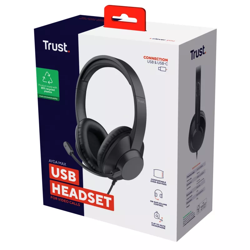 Trust Ayda Max USB ausinės su mikrofonu, laidinės, ant ausų, biurui/skambučių centrui, USB Type-C / USB Type-A, juodos