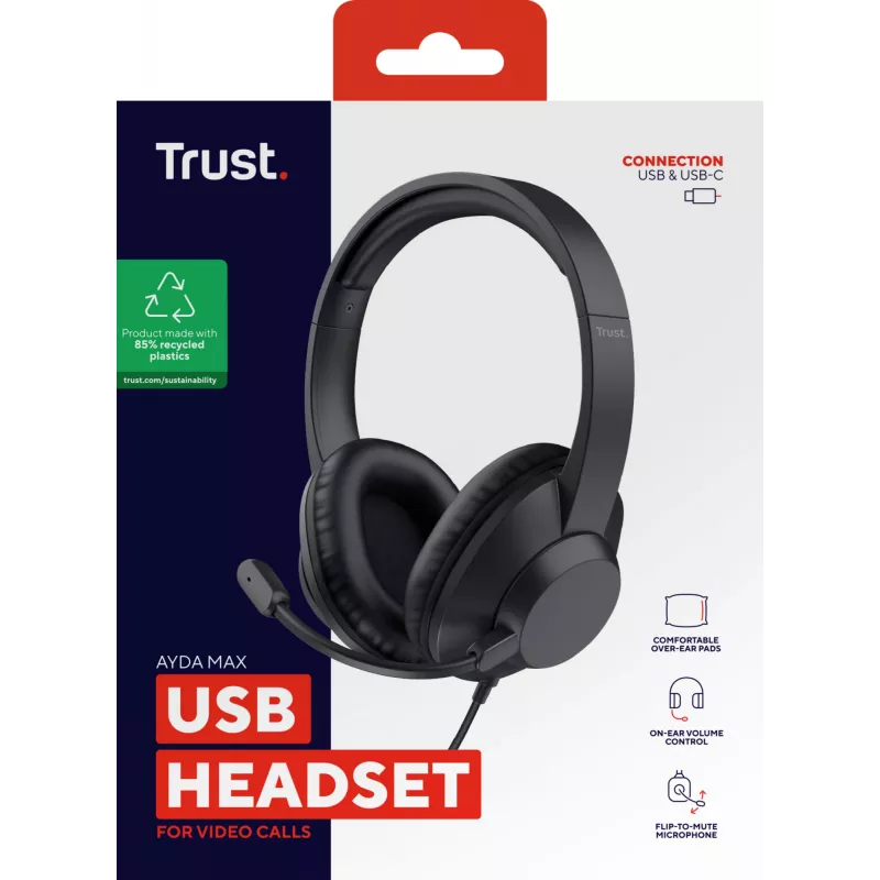 Trust Ayda Max USB ausinės su mikrofonu, laidinės, ant ausų, biurui/skambučių centrui, USB Type-C / USB Type-A, juodos
