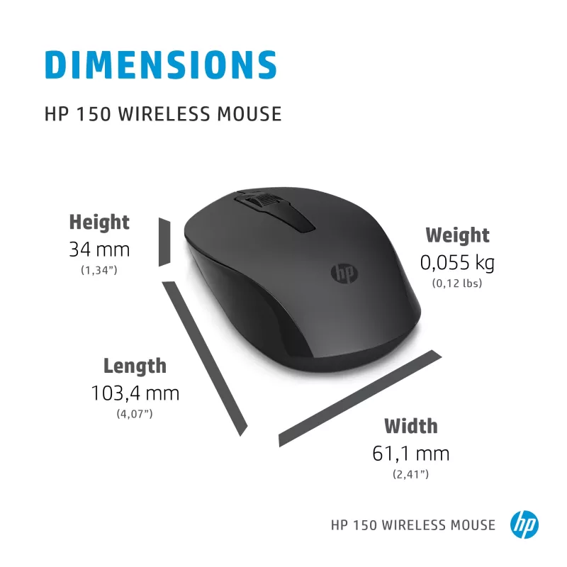 HP 150 belaidė pelė, ambidekstrinė, optinė, RF belaidė, 1600 DPI, juoda