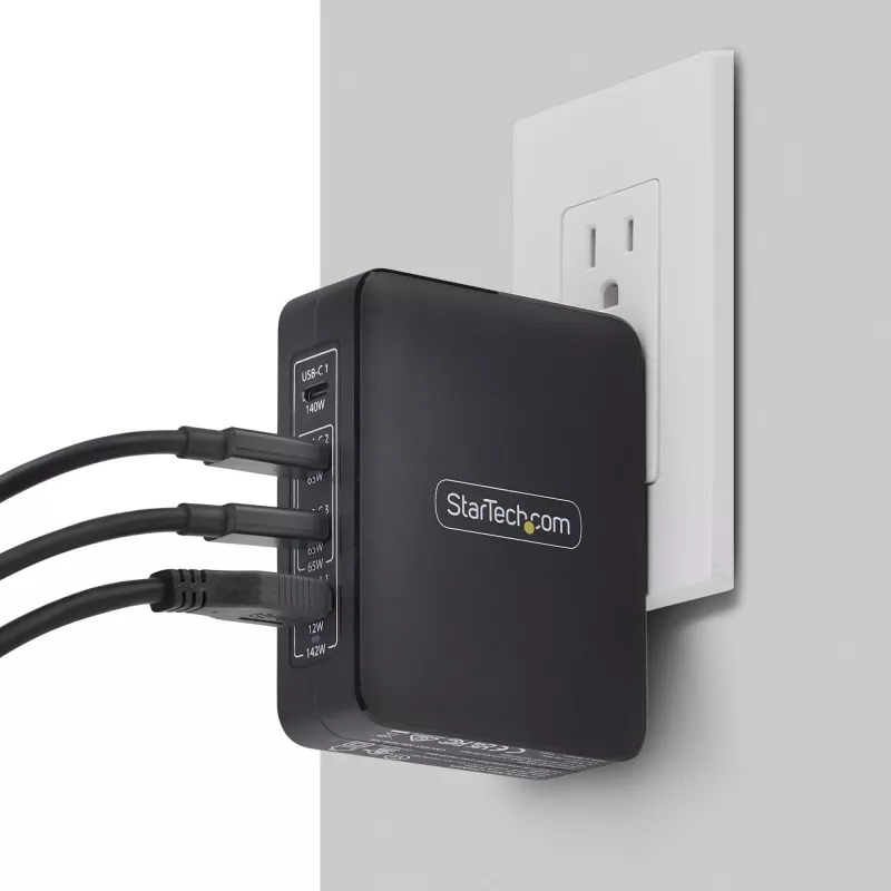 StarTech.com 140W USB-C sieninis įkroviklis, 3x USB-C/1x USB-A, PD 3.1 tarptautinis GaN maitinimo adapteris, skirtas MacBook/Dell XPS/Inspiron