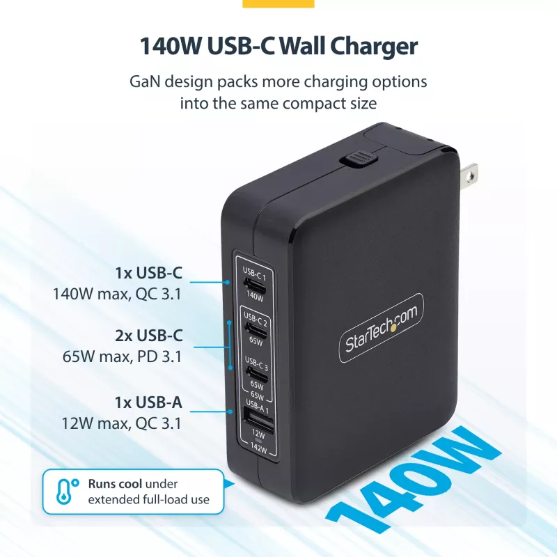 StarTech.com 140W USB-C sieninis įkroviklis, 3x USB-C/1x USB-A, PD 3.1 tarptautinis GaN maitinimo adapteris, skirtas MacBook/Dell XPS/Inspiron