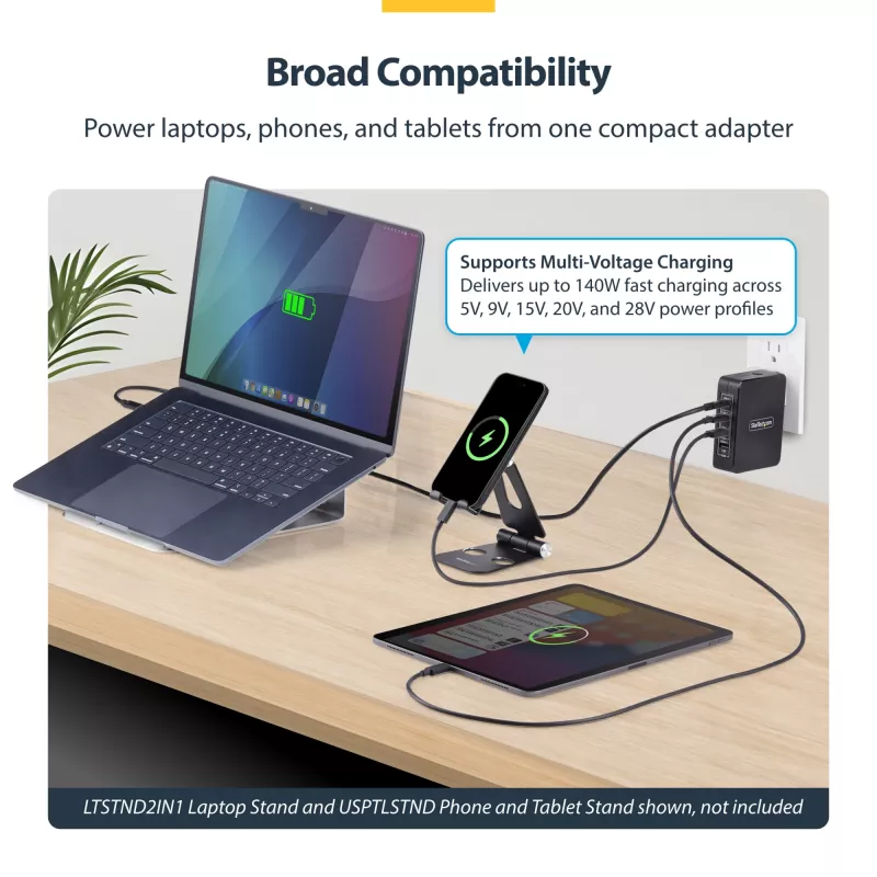 StarTech.com 140W USB-C sieninis įkroviklis, 3x USB-C/1x USB-A, PD 3.1 tarptautinis GaN maitinimo adapteris, skirtas MacBook/Dell XPS/Inspiron