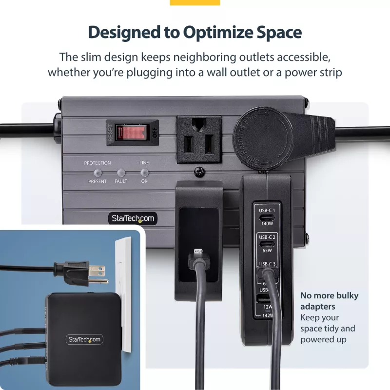 StarTech.com 140W USB-C sieninis įkroviklis, 3x USB-C/1x USB-A, PD 3.1 tarptautinis GaN maitinimo adapteris, skirtas MacBook/Dell XPS/Inspiron