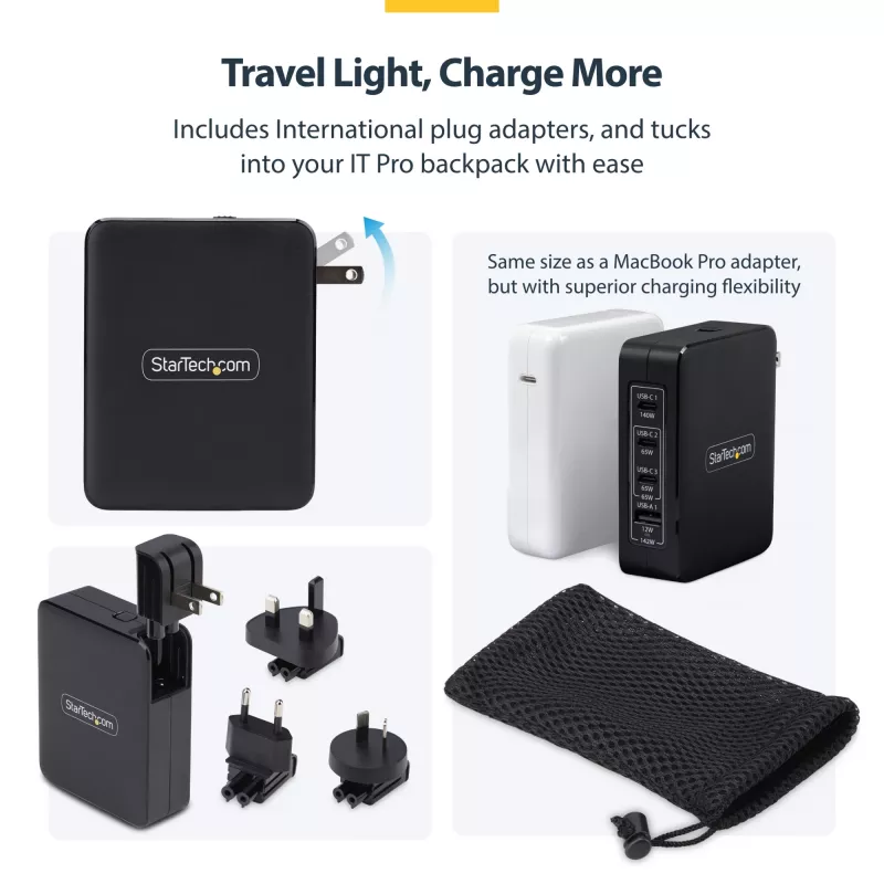 StarTech.com 140W USB-C sieninis įkroviklis, 3x USB-C/1x USB-A, PD 3.1 tarptautinis GaN maitinimo adapteris, skirtas MacBook/Dell XPS/Inspiron