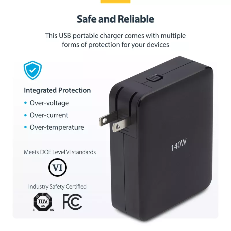 StarTech.com 140W USB-C sieninis įkroviklis, 3x USB-C/1x USB-A, PD 3.1 tarptautinis GaN maitinimo adapteris, skirtas MacBook/Dell XPS/Inspiron