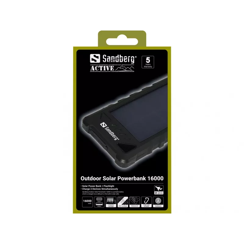 Sandberg Outdoor Solar Powerbank 16000, 16000 mAh, ličio jonų, juoda