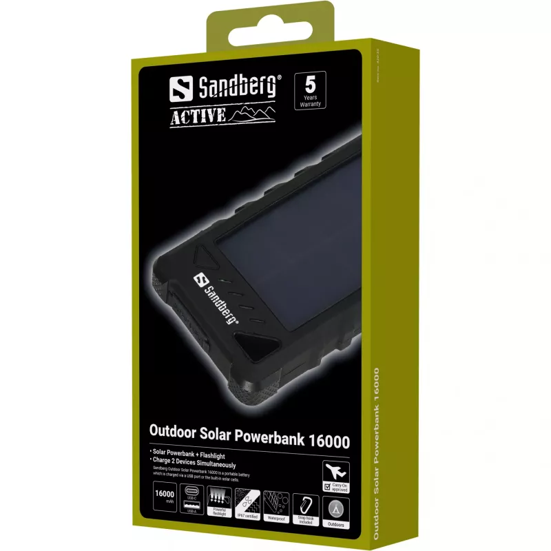 Sandberg Outdoor Solar Powerbank 16000, 16000 mAh, ličio jonų, juoda