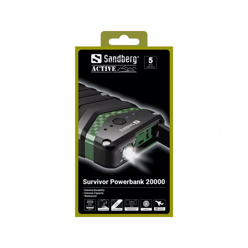 Sandberg Survivor Powerbank 20000, 20000 mAh, Li-Ion, juoda/žalia