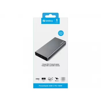 Sandberg Powerbank USB-C PD 100W 20000 mAh, pilkas