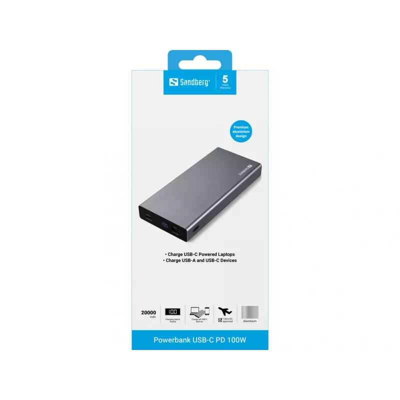 Sandberg Powerbank USB-C PD 100W 20000 mAh, pilkas