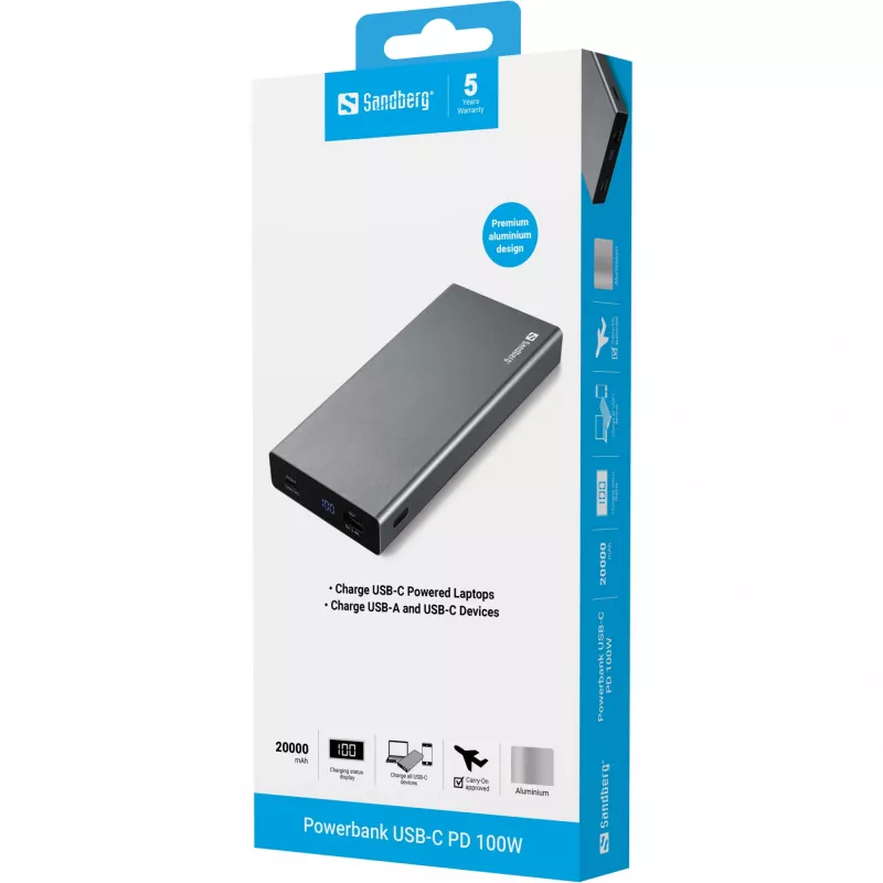 Sandberg Powerbank USB-C PD 100W 20000 mAh, pilkas