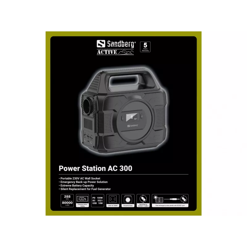 Sandberg Power Station AC 300, 80000 mAh, AC, DC, Saulė, USB, 296 Wh, 300 W, 300 W, 6 A
