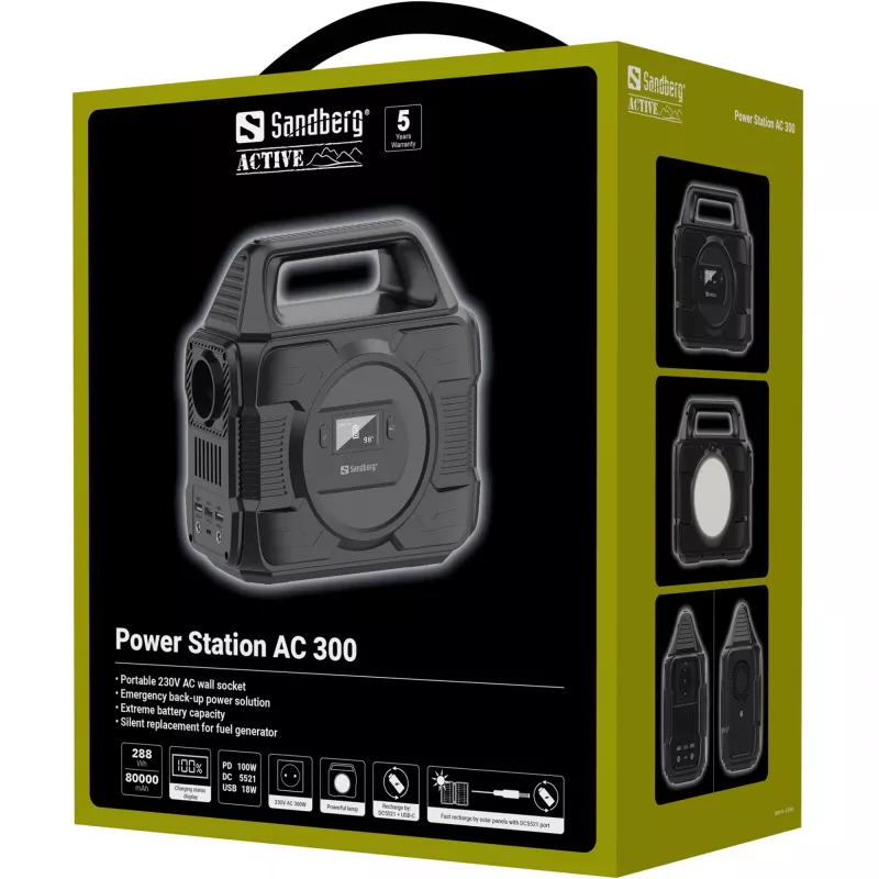 Sandberg Power Station AC 300, 80000 mAh, AC, DC, Saulė, USB, 296 Wh, 300 W, 300 W, 6 A