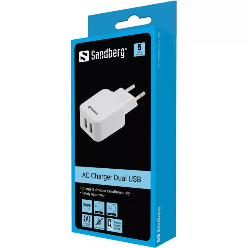 Sandberg AC Charger Dual USB 2.4+1A EU įkroviklis, vidaus, 2 USB prievadai, 5 V, juodas/baltas